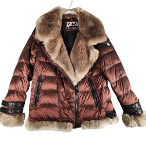Alp N Rock Women's Puffer Jacket Faux Fur Trim Down Filled Coat Brown Medium